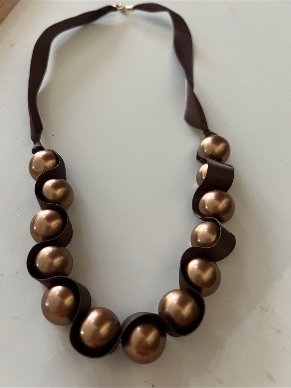 Chocolate Brown Satin Ribbon Necklace with Bronze Pearl Beads